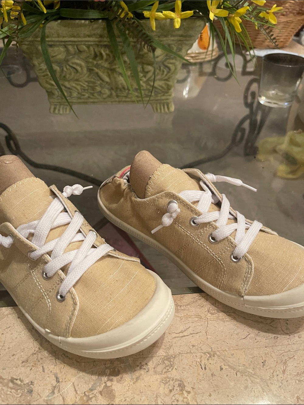 Women’s Canvas Lace-Up Sneakers in Beige